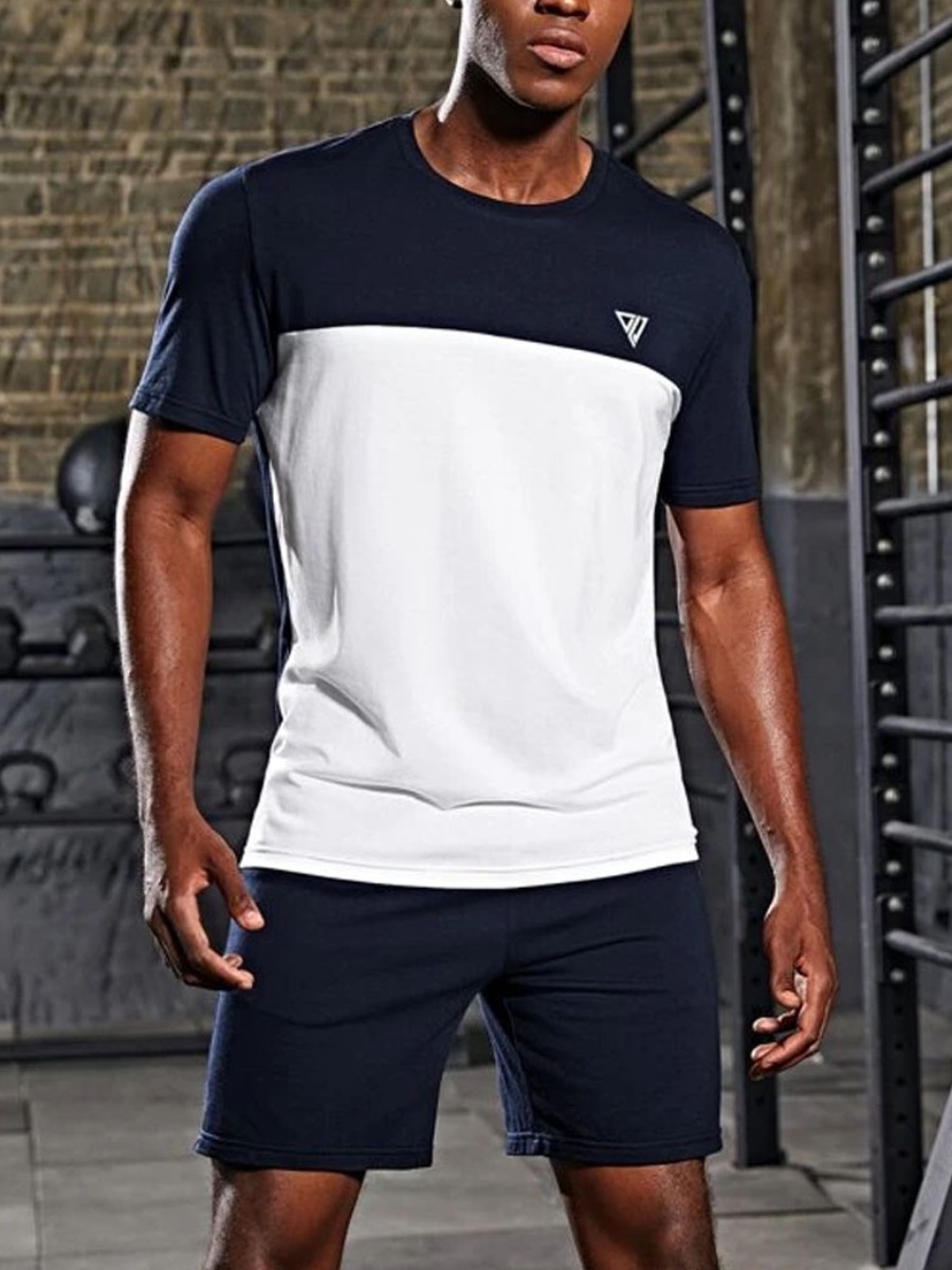 

Lovely Men Casual O Neck Color-lump Pitch-black Two Piece Shorts Set, Deep blue