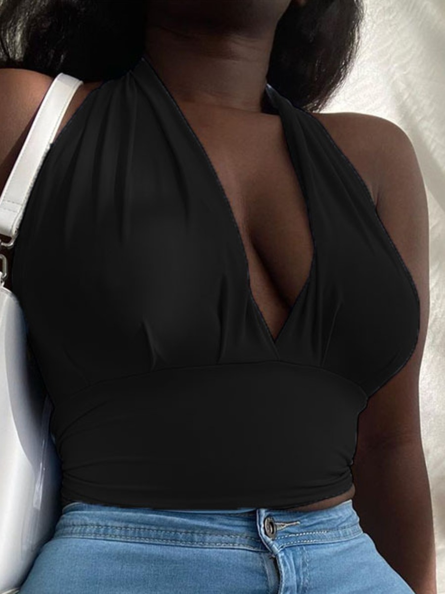 

Lovely Plus Size Sexy V Neck Backless Black Camisole