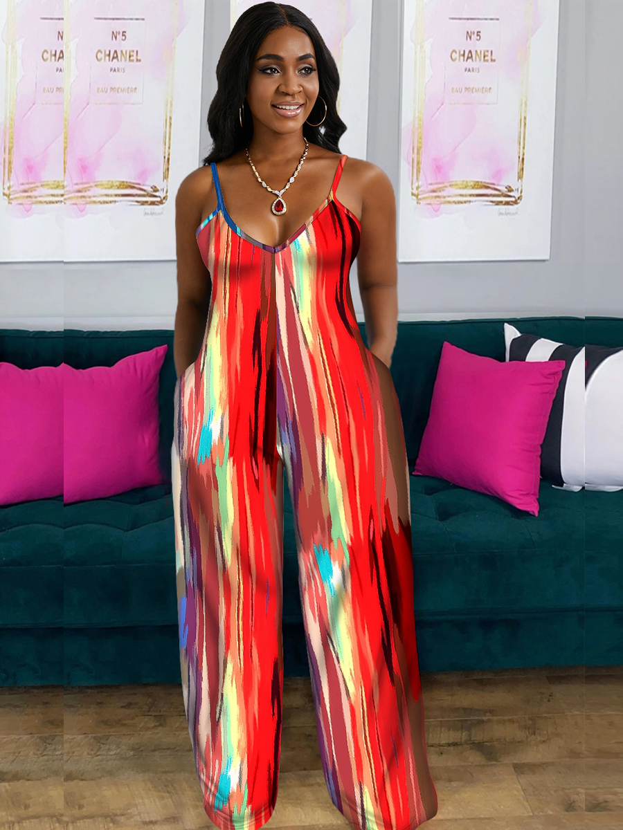 

Lovely Casual V Neck Tie-dye Red One-piece Jumpsuit