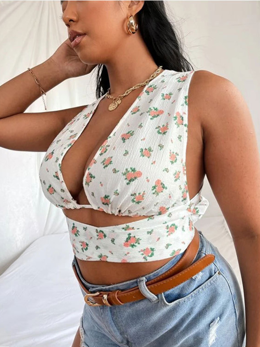 

LW Plus Size Casual Floral Print Bandage Design White Camisole