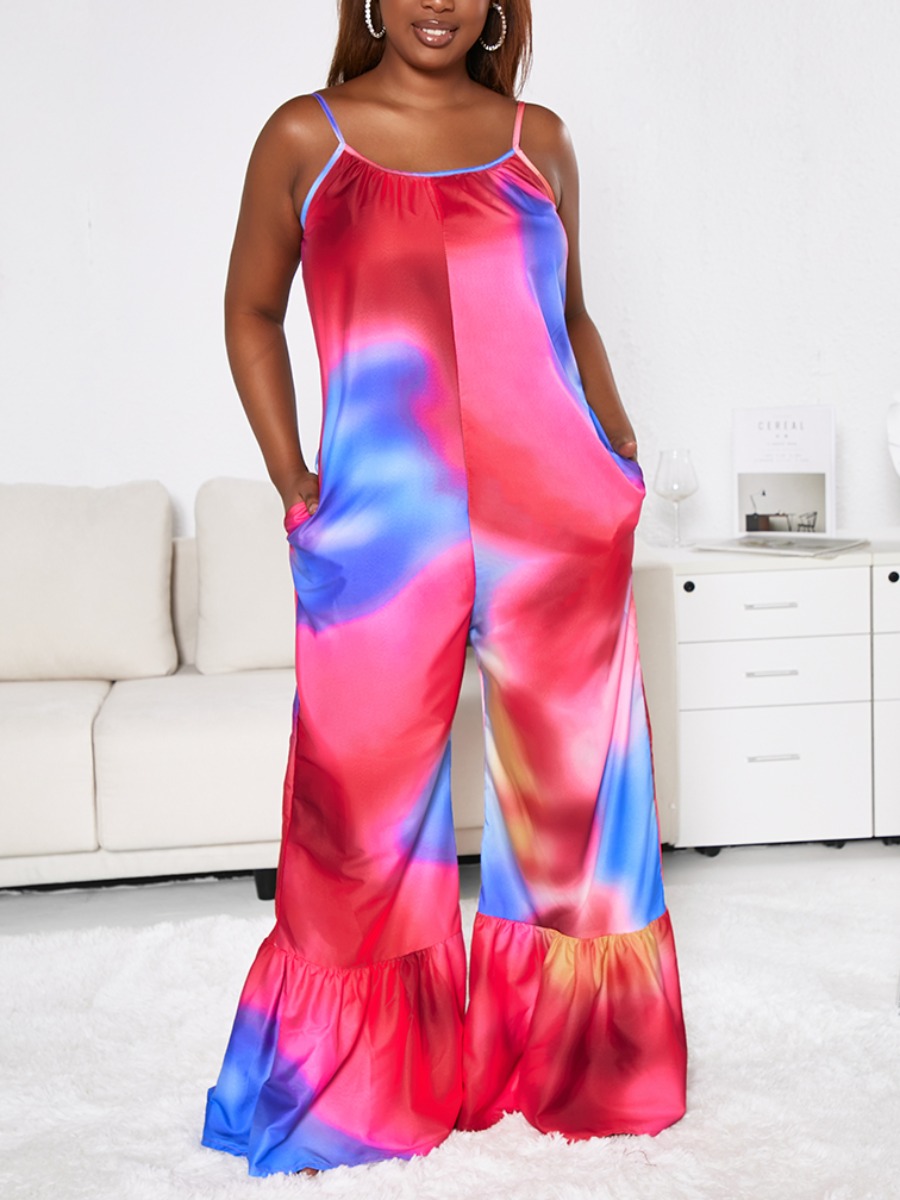 

Lovely Plus Size Street Tie-dye Ruffle Design Multicolor One-piece Jumpsuit, Multi