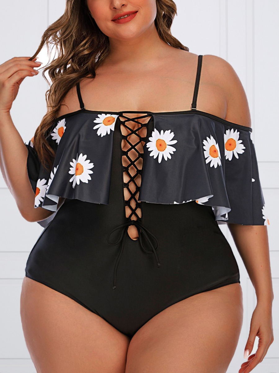 

Lovely Plus Size Boho Floral Print Hollow-out Black One-piece Swimsuit