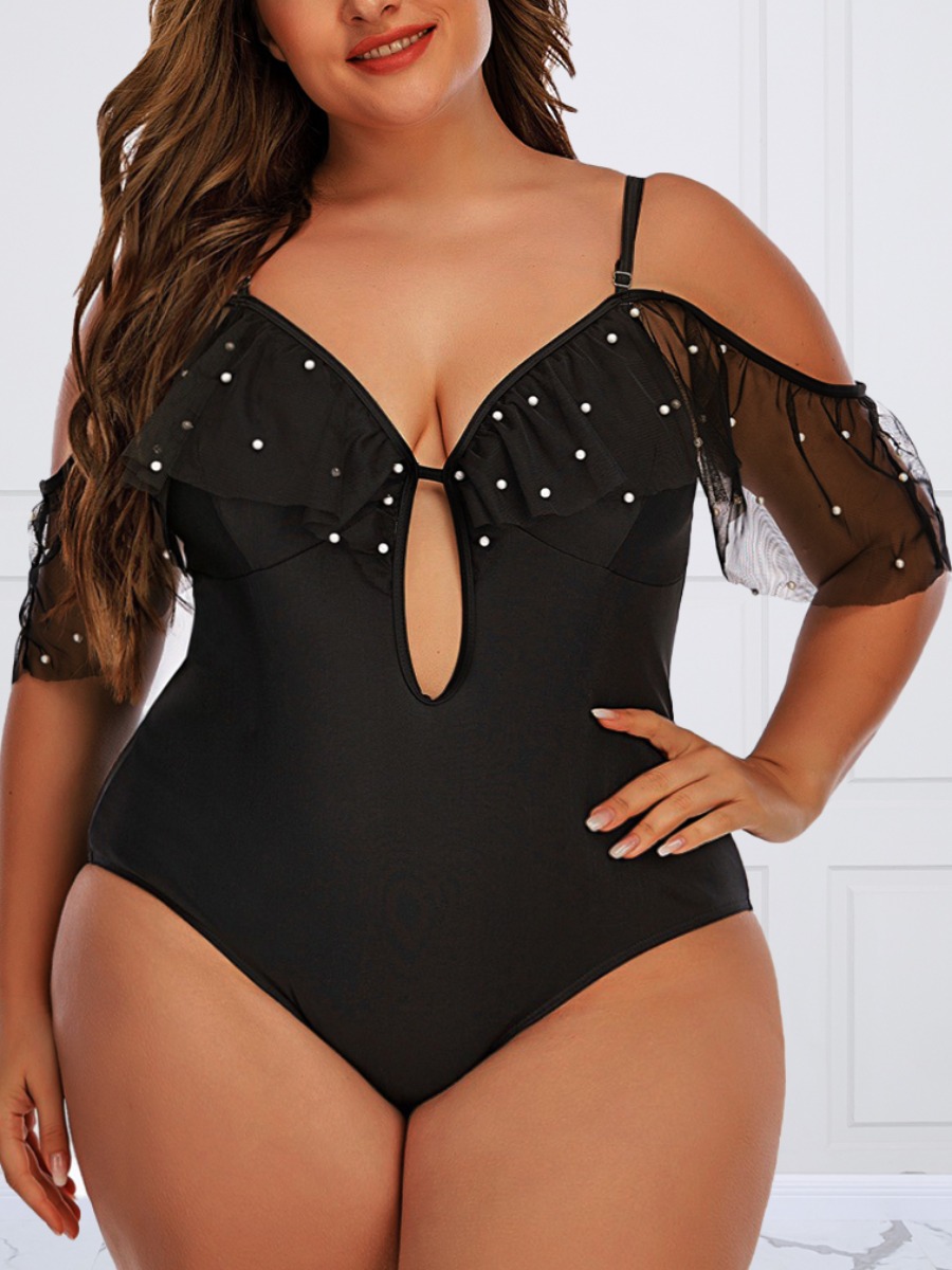

Lovely Plus Size Boho Mesh Patchwork Black One-piece Swimsuit