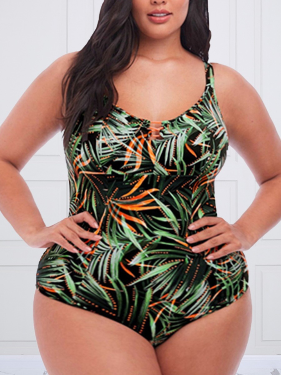 

Lovely Plus Size Boho U Neck Floral Print Green One-piece Swimsuit