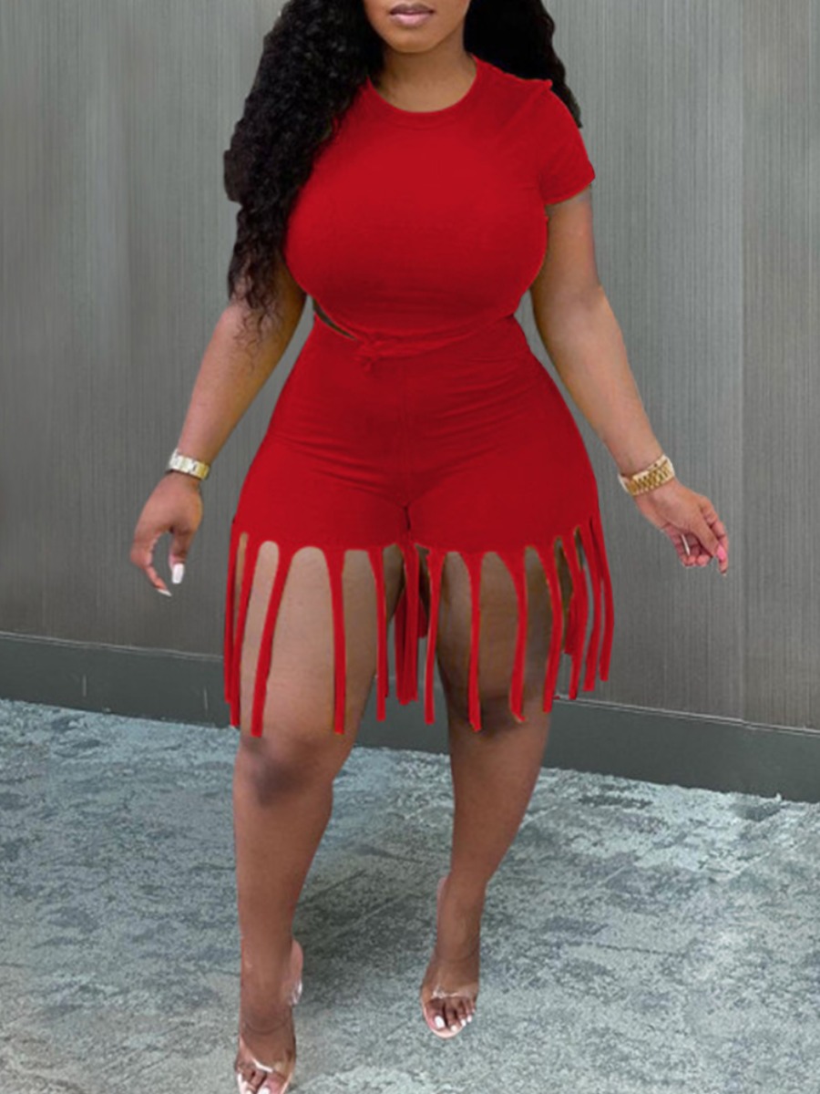 LW Plus Size Casual O Neck Tassel Design Red Two-piece Shorts Set