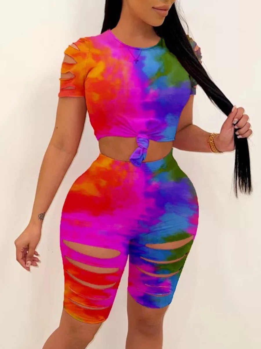 

Lovely Street Tie Dye Ripped Red Two Piece Shorts Set