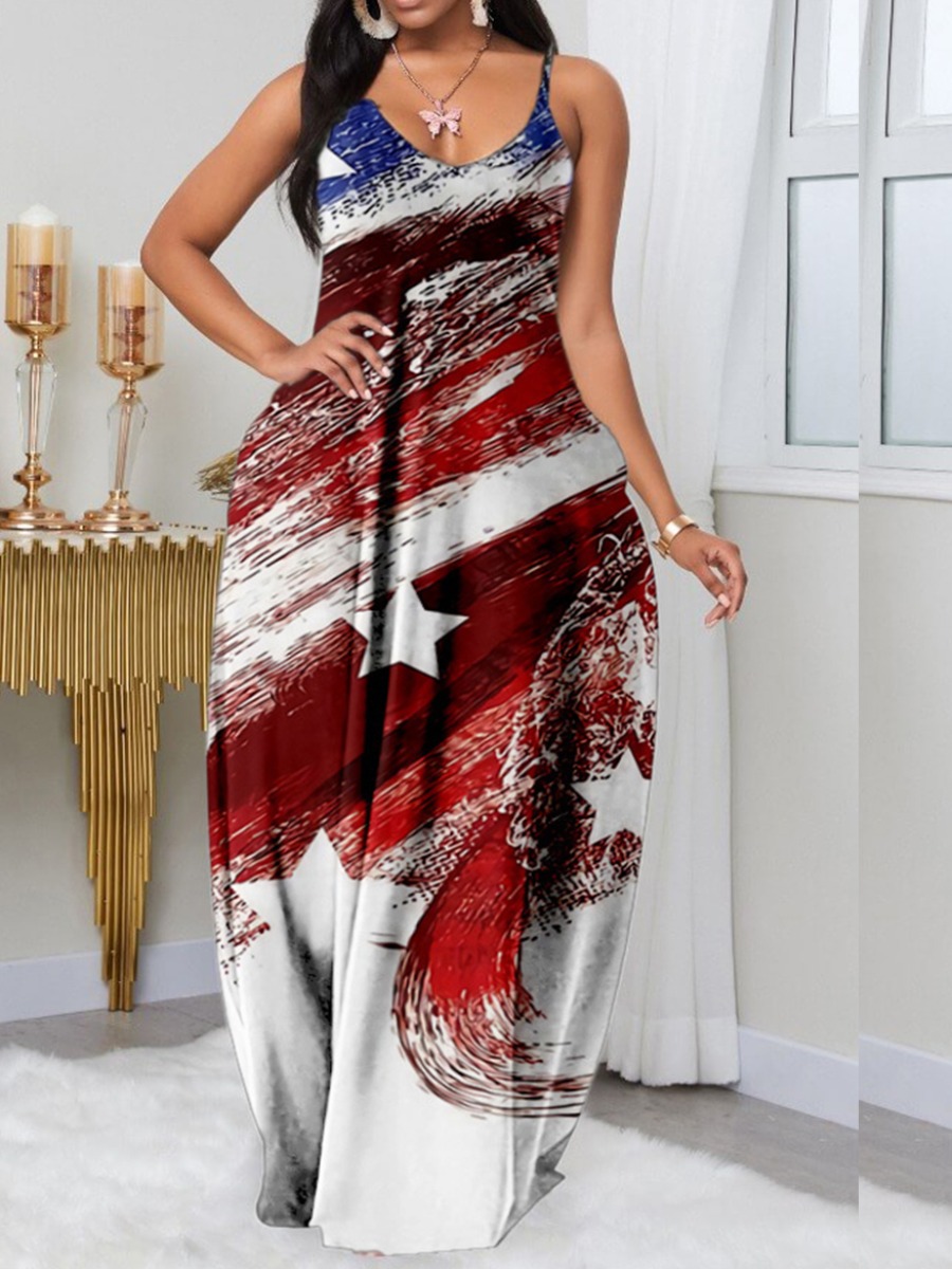 

Lovely Street American Flag Star Print Red Floor Length Dress