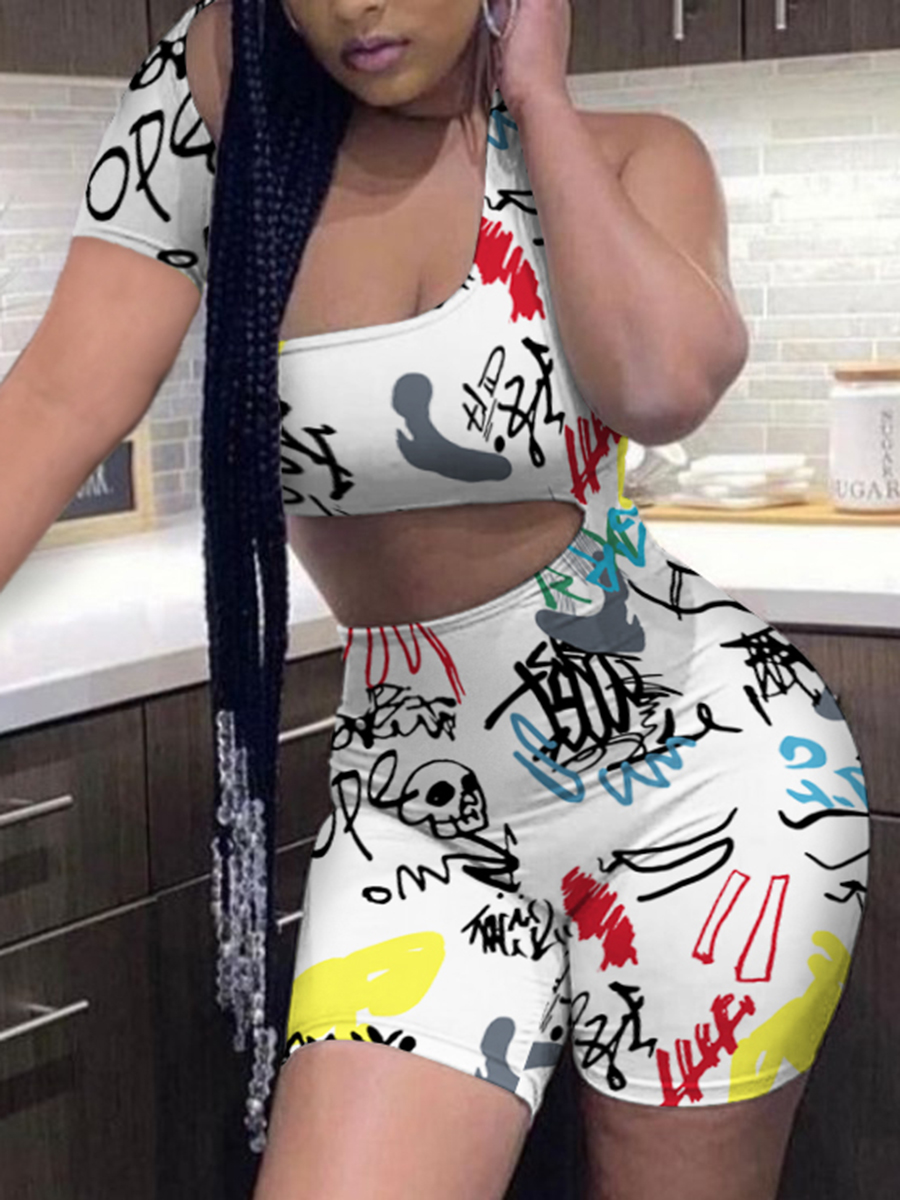 

Lovely Street Graffiti Print Hollow-out White One-piece Romper