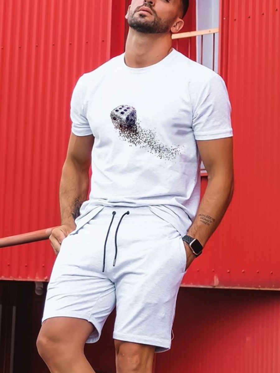 

Lovely Men Casual O Neck Print Drawstring White Two Piece Shorts Set