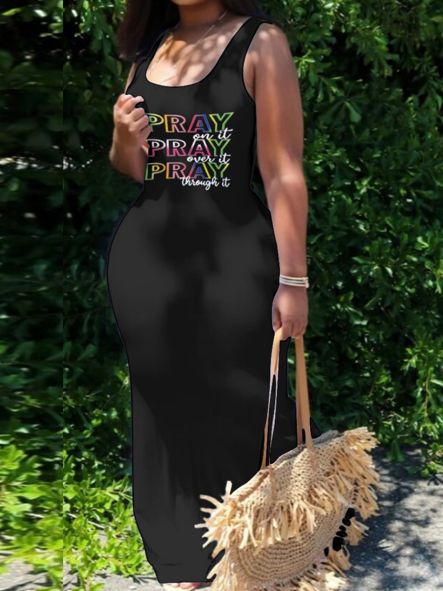 

Lovely Casual U Neck Letter Print Black Floor Length Dress