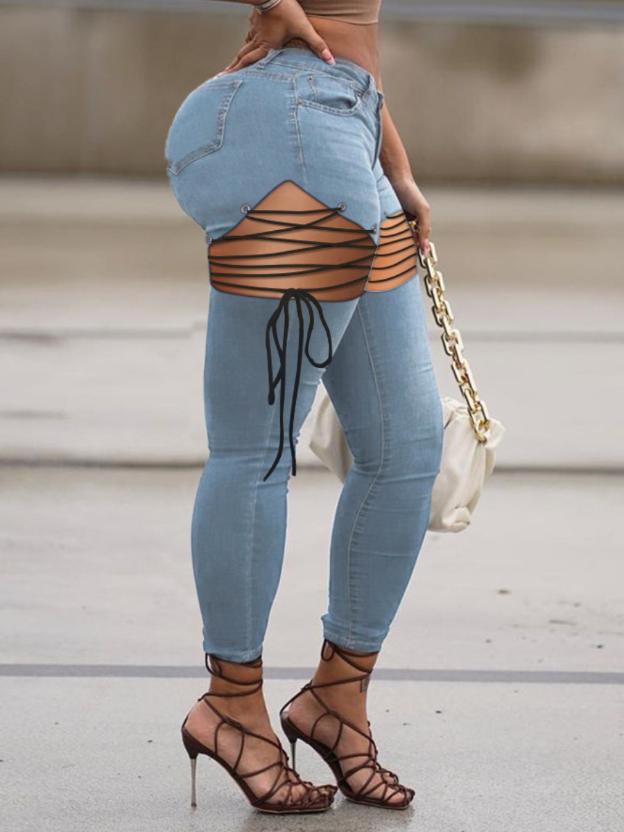 

Lovely Sexy Bandage Hollow-out Design Baby Blue Jeans