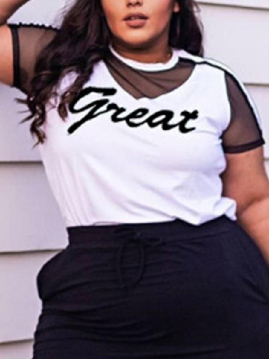 

LW Plus Size Casual Letter Print See-through White T-shirt