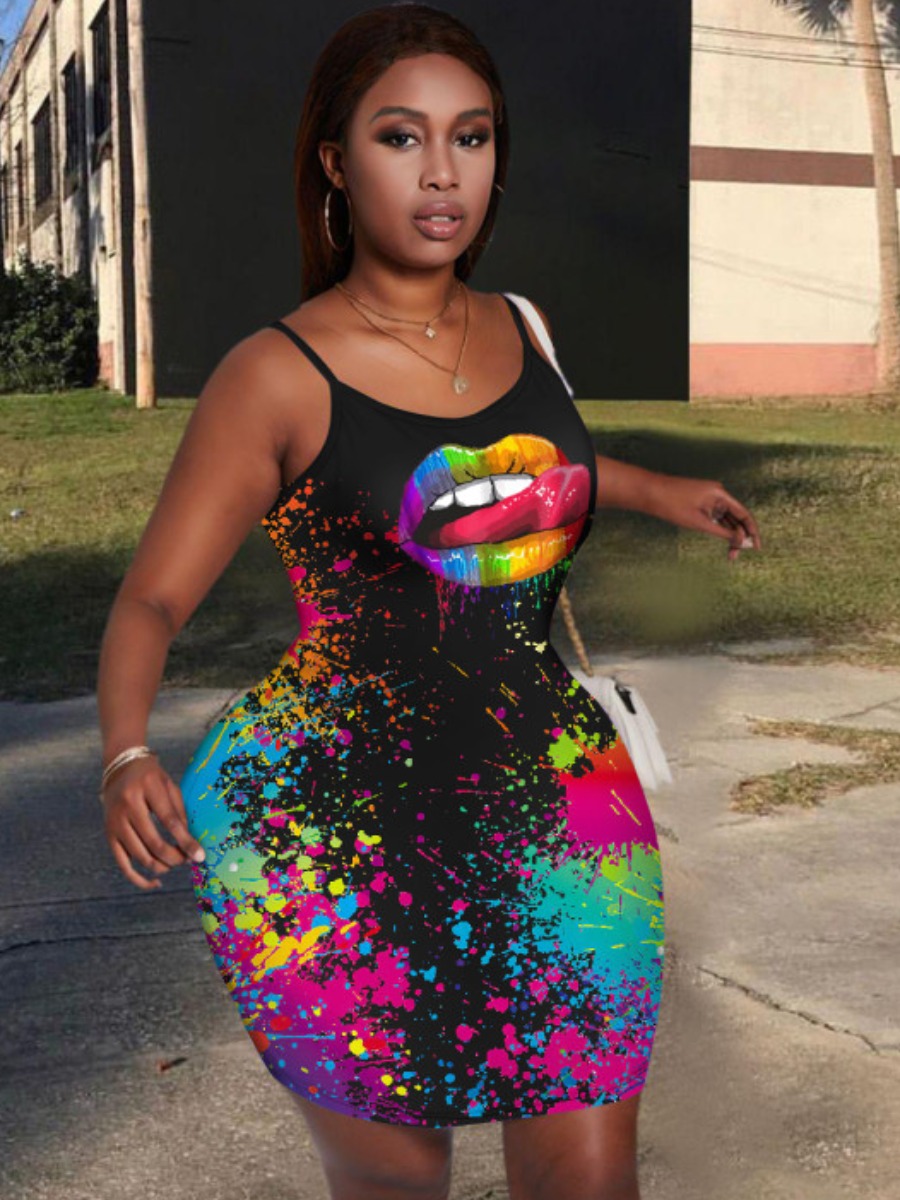 

Lovely Plus Size Street Lip Print Splash-ink Design Black Mini Dress