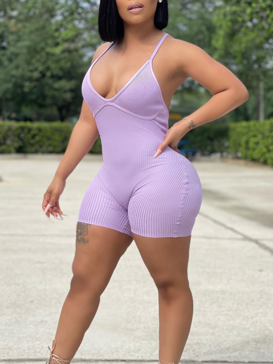 Lovely Casual Backless Rib-Knit Purple One-piece Romper