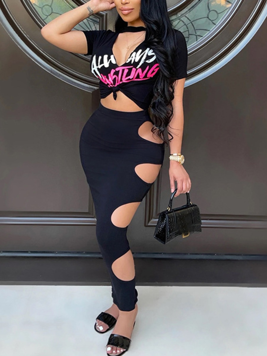 

Lovely Street Letter Print Hollow-out Black Two Piece Skirt Set