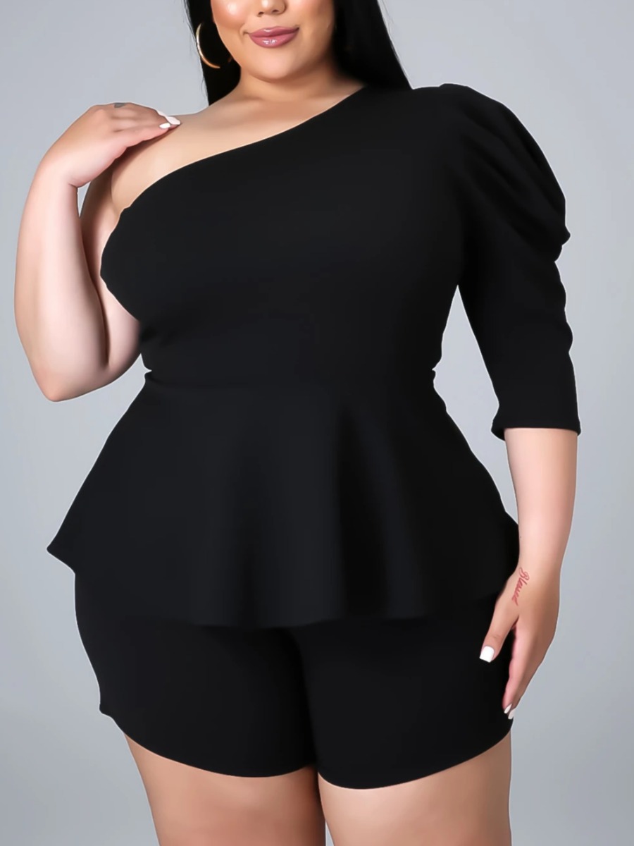 

Lovely Plus Size Sweet One Shoulder Flounce Design Black Two-piece Shorts Set