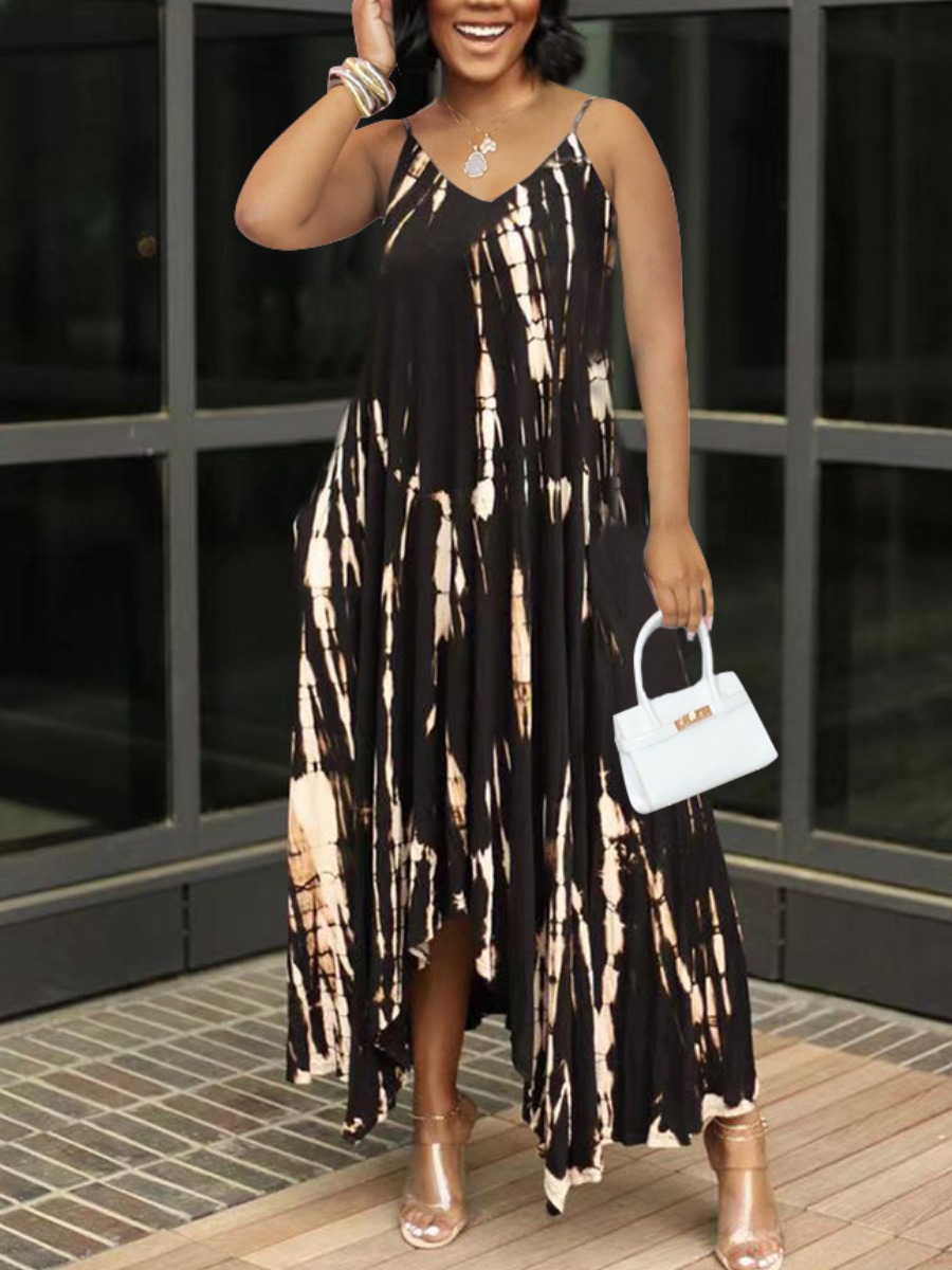 

Lovely Boho V Neck Tie-dye Black Ankle Length A Line Dress