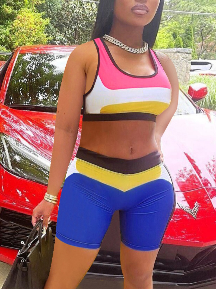 

Lovely Sporty U Neck Color-lump Patchwork Royalblue Two Piece Shorts Set