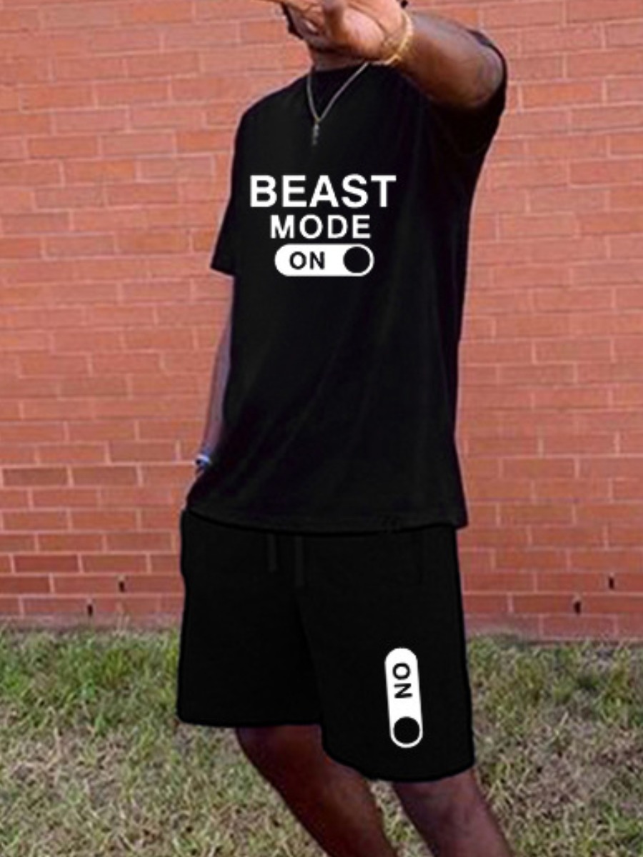 

Lovely Men Casual Round Neck Letter Print Black Two Piece Shorts Set