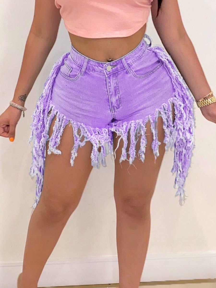 

LW Casual High-waisted Tassel Design Light Purple Denim Shorts