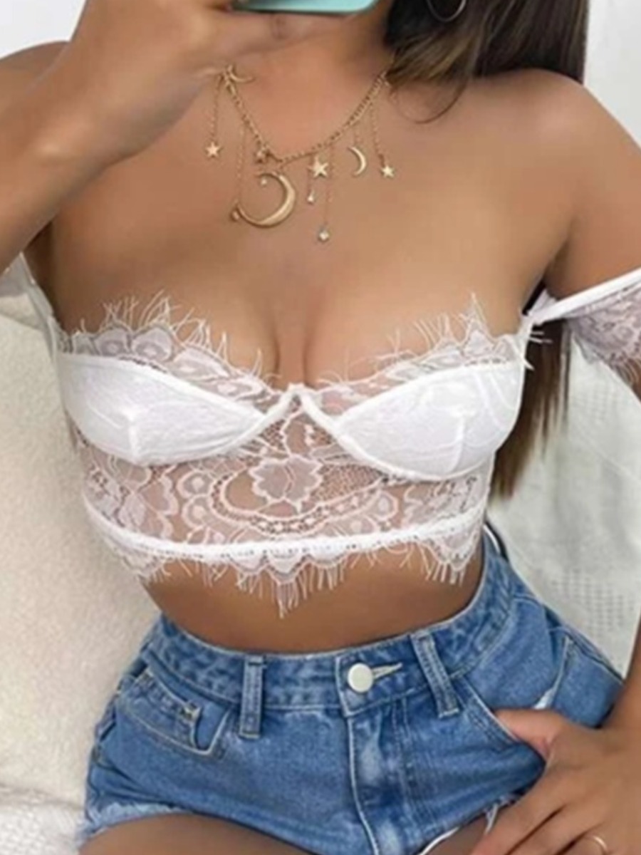 

Lovely Sexy Floral Decoration See-through White Camisole