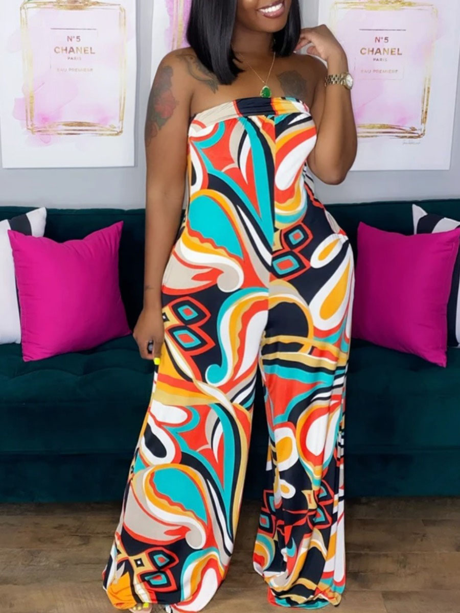 LovelyWholesale Plus Size Off The Shoulder Mixed Print Jumpsuit Spring|Summer Sleeveless Casual Graffiti Element Strapless  5X Spring Summer 2024