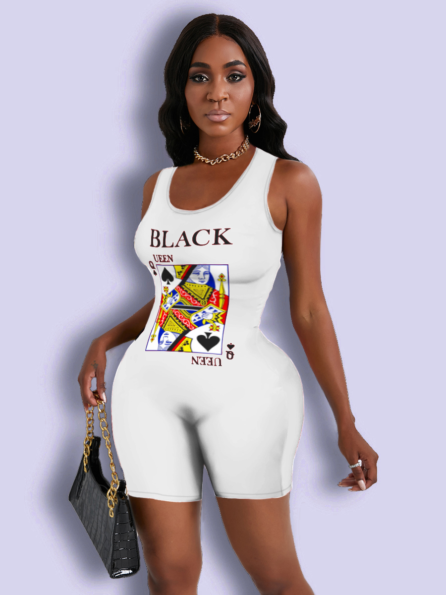 

Lovely Casual Poker Letter Print White One-piece Romper