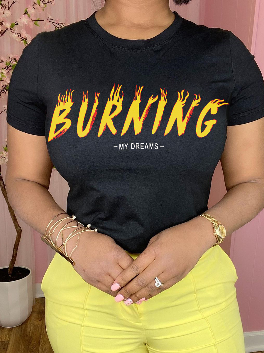 

Lovely Casual Round Neck Letter Print Black T-shirt