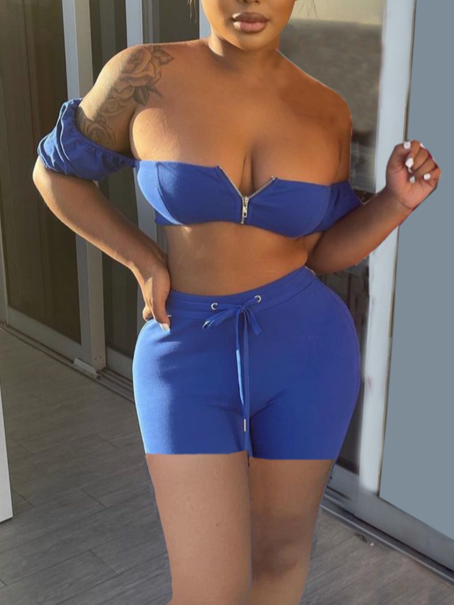 

LW SXY Off The Shoulder Drawstring Blue Two Piece Shorts Set