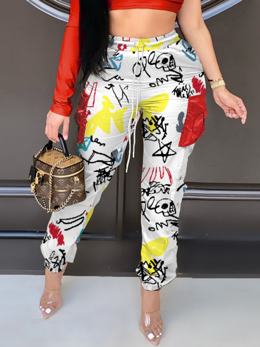 

Lovely Casual Graffiti Print Drawstring White Pants