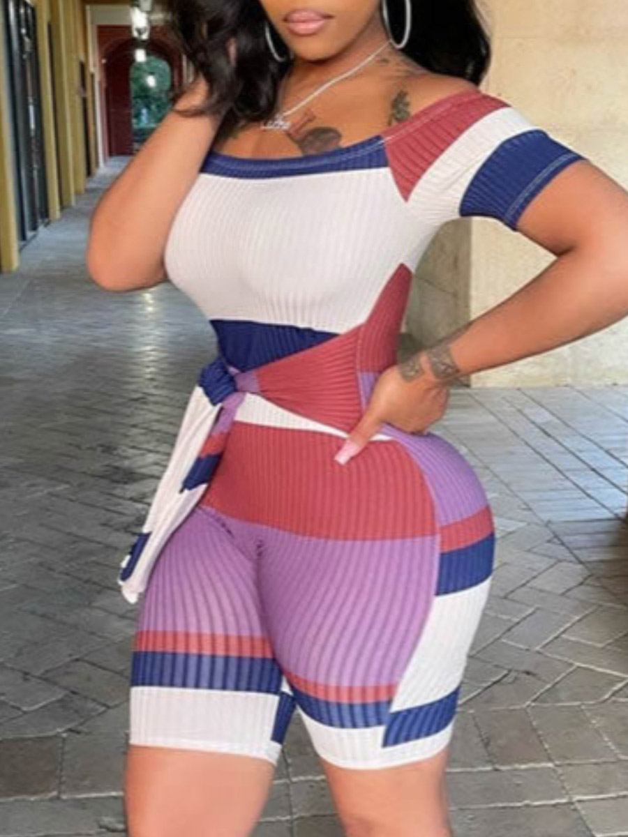 

Lovely Plus Size Casual Color-lump Bandage Design Purple One-piece Romper
