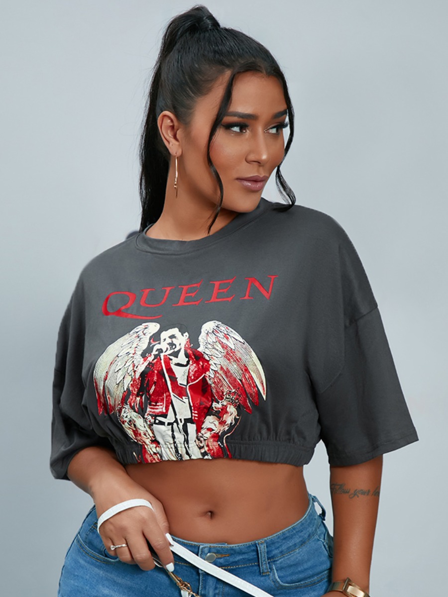 

Lovely Street Round Neck Letter Print Grey T-shirt