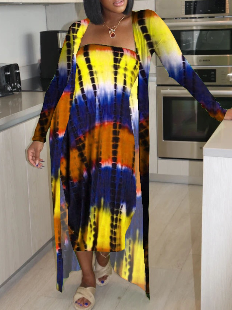 

Lovely Plus Size Street Tie-dye Patchwork Yellow Two-piece Dress Set