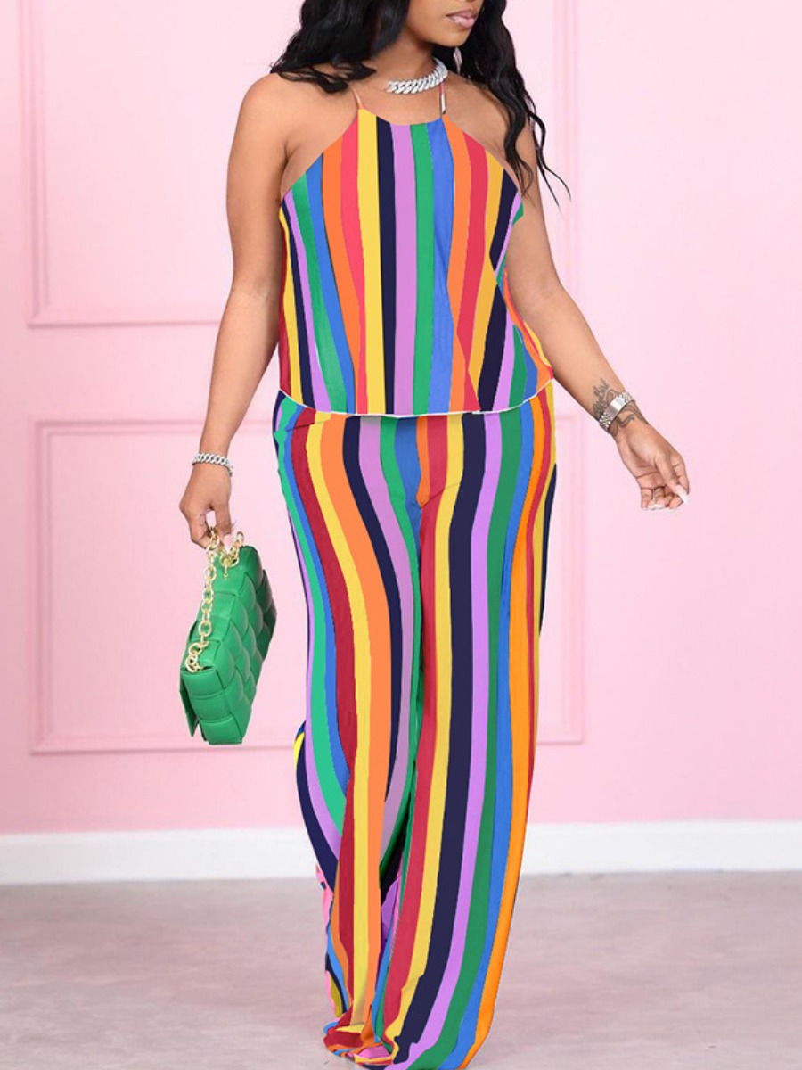 

LW Casual Striped Spaghetti Strap Croci Two Piece Pants Set