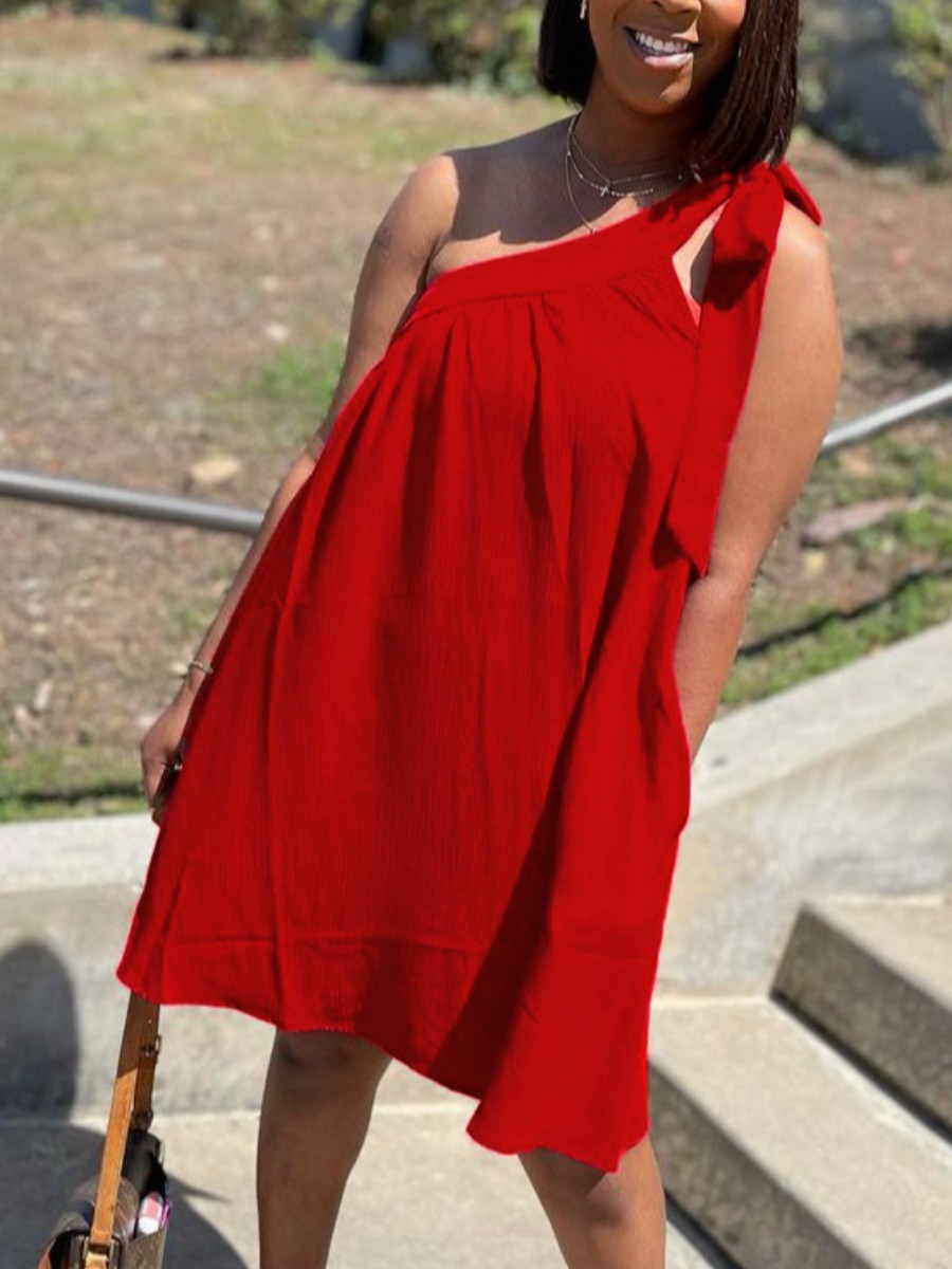 

Lovely Casual One Shoulder Bandage Design Red Knee Length A Line Dress