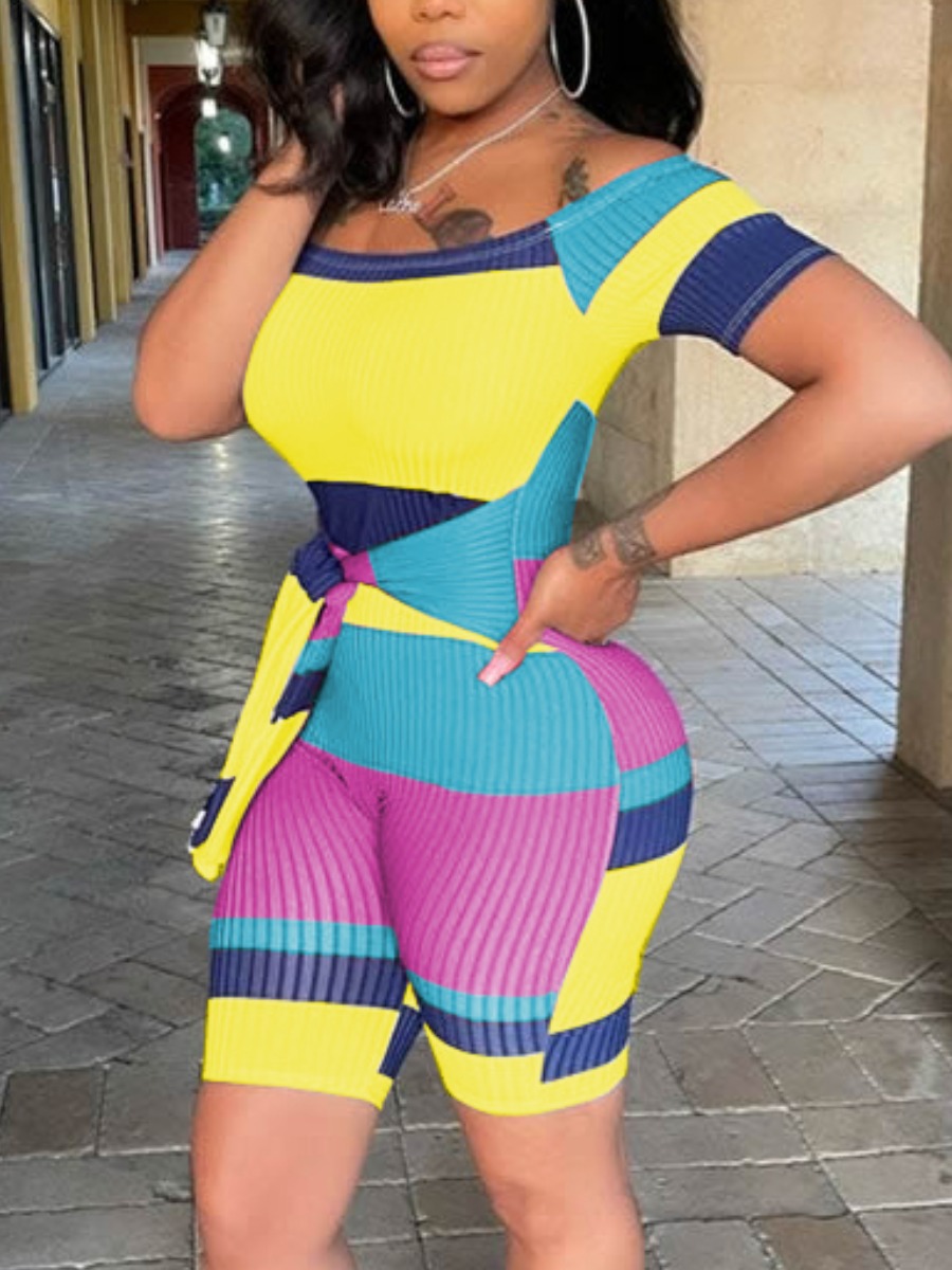 

Lovely Casual Rib-Knit Striped Yellow One-piece Romper