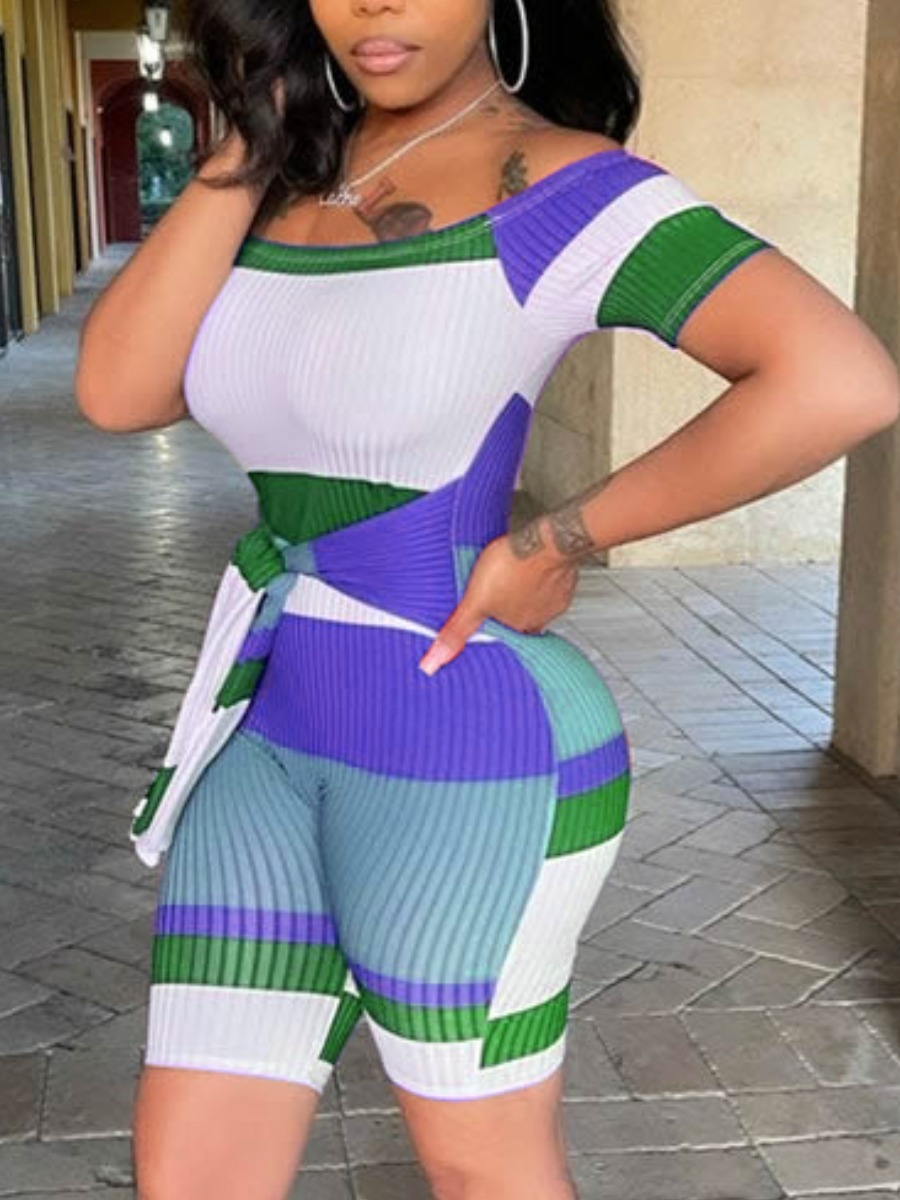

Lovely Casual Rib-Knit Striped Blue One-piece Romper