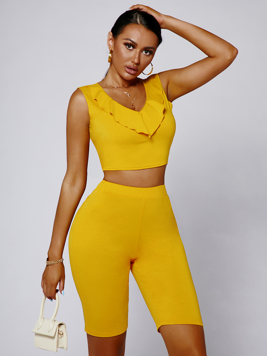 

Lovely Cotton Material Serious Street V Neck Flounce Design Yellow Two Piece Shorts Set