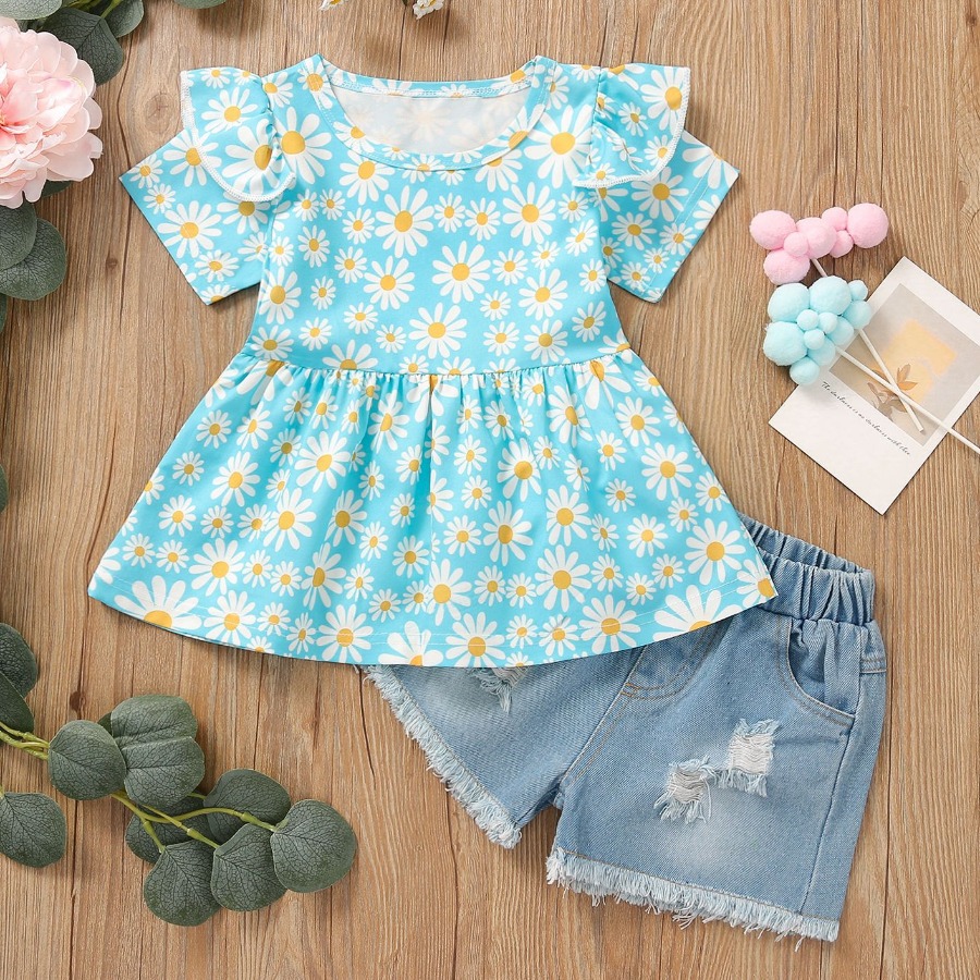 

Lovely Girl Street Floral Print Ripped Blue Two Piece Shorts Set