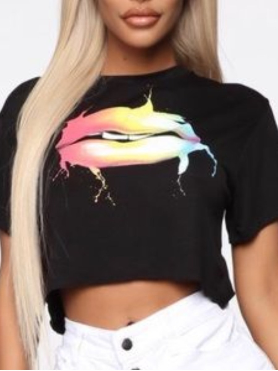 

Lovely Plus Size Casual Round Neck Lip Print Black T-shirt