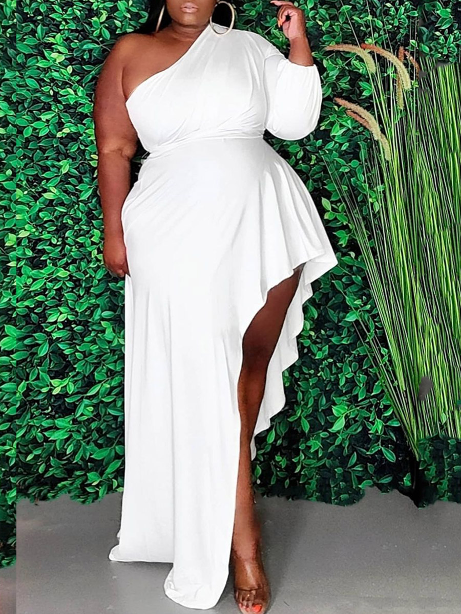 

Lovely Plus Size Street One Shoulder Flounce Design White Floor Length Asymmetrical Dress