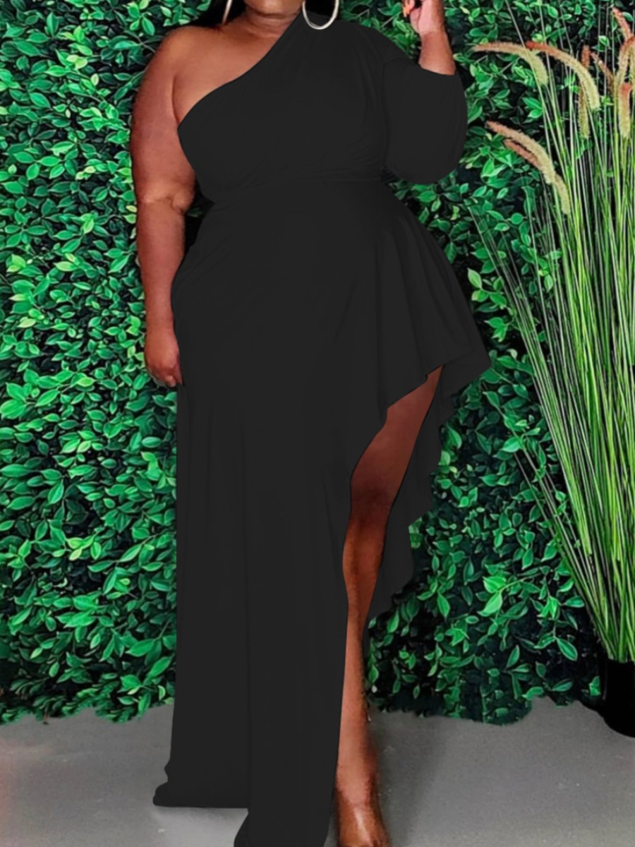 

Lovely Plus Size Street One Shoulder Flounce Design Black Floor Length Asymmetrical Dress
