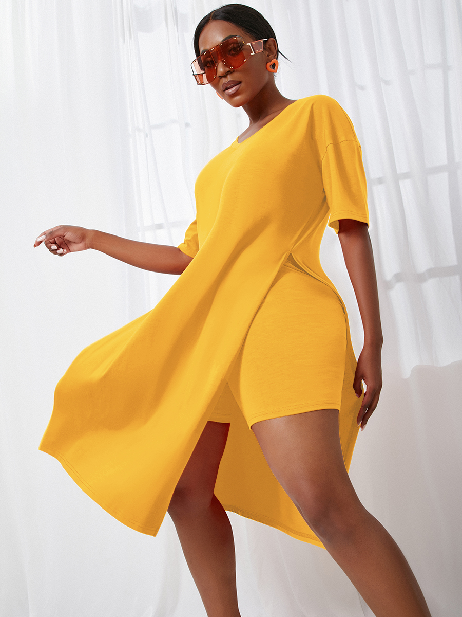 

Lovely Cotton Material Series V Neck Split Two Piece Shorts Set, Yellow