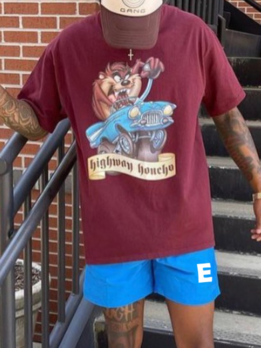 

Lovely Men Casual Cartoon Letter Print Dull Red Two Piece Shorts Set