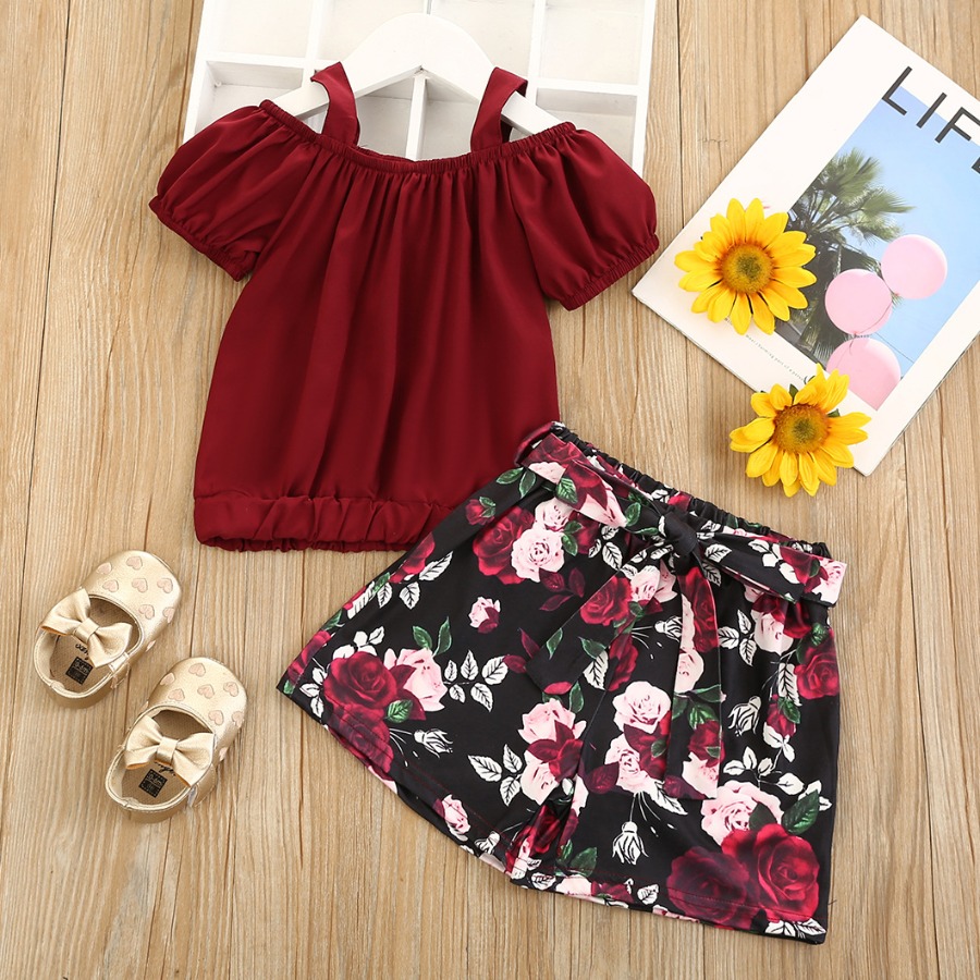 

Lovely Girl Boho Floral Print Ruffle Design Dull Red Two Piece Shorts Set