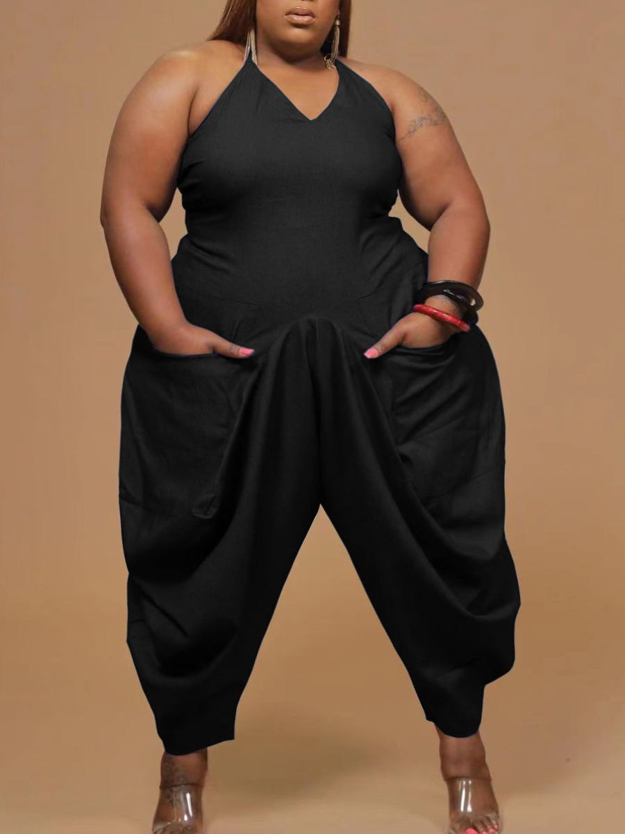 

Lovely Plus Size Casual V Neck Fold Design Black One-piece Jumpsuit