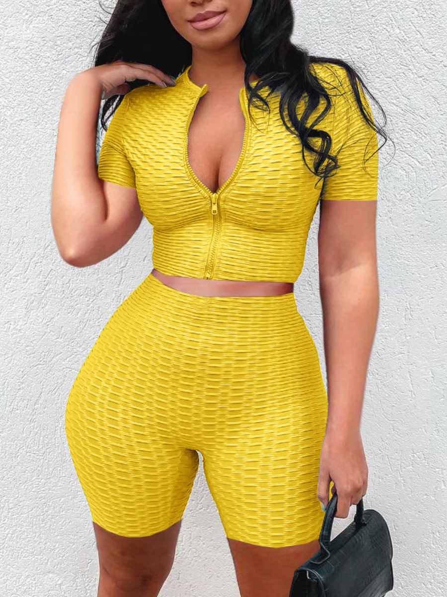

Lovely Sporty Zipper Design High-waisted Yellow Two Piece Shorts Set