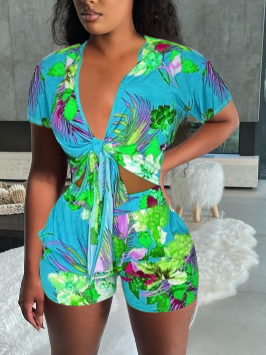 

Lovely Boho Floral Print Bandage Design Blue One-piece Romper