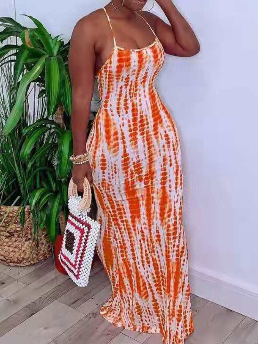 

Lovely Boho Spaghetti Strap Tie-dye Jacinth Floor Length Dress