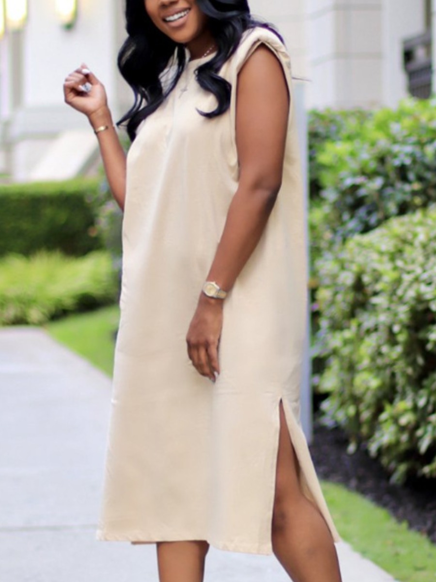 

Lovely Casual Round Neck Slit Khaki Knee Length Dress